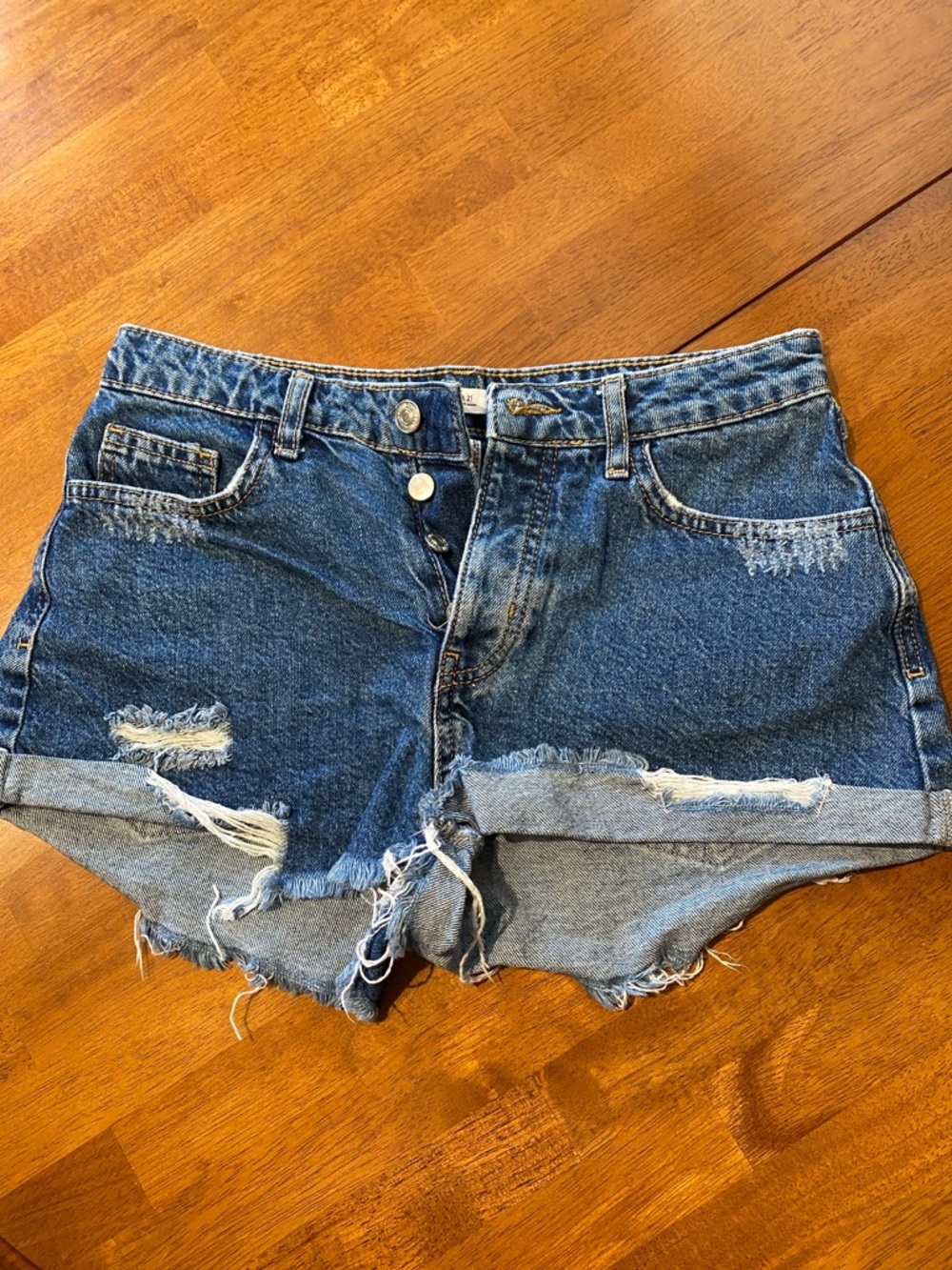 Forever 21 Distressed Medium Blue High-Rise Denim Shorts Button Fly Size 27